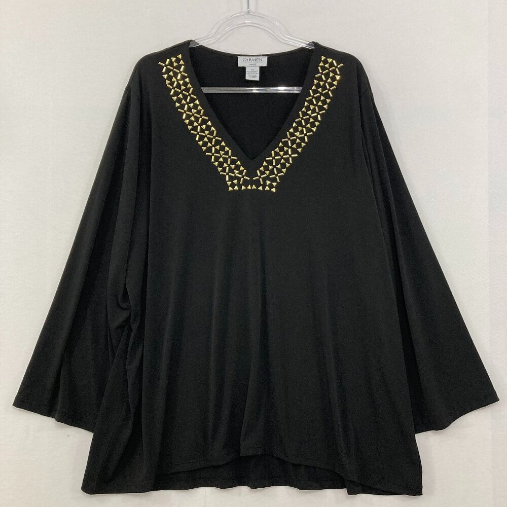 Carmen Marc Valvo size 3X Black Golden Studded V Neck Stretch Knit‎ Blouse